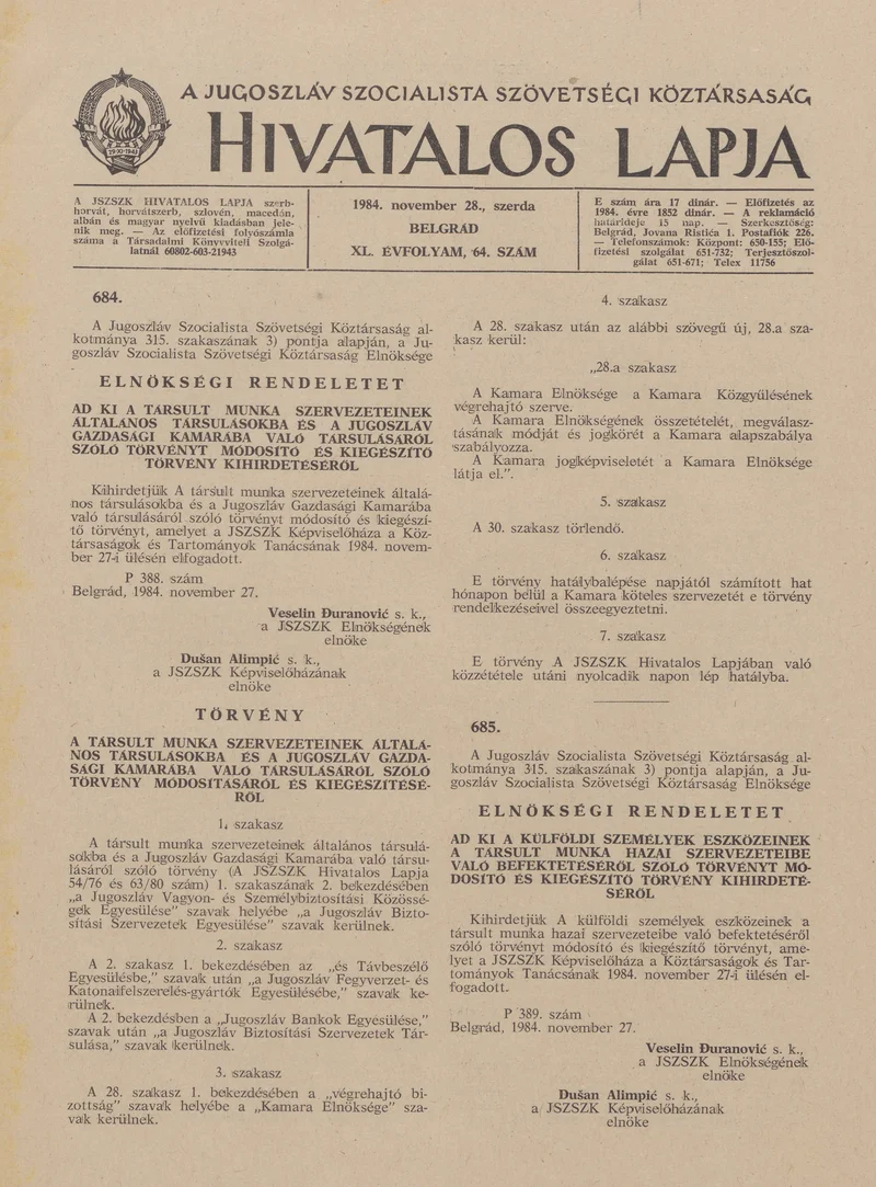 A Jugoszláv Szocialista Szövetségi Köztársaság Hivatalos Lapja, 40. évf. 1984. november 28. 64. sz. 1403–1418. oldal