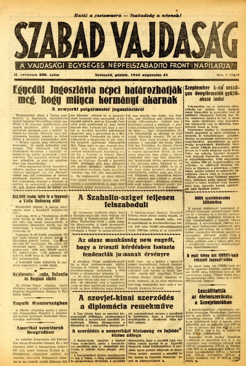 Szabad Vajdaság, 2. évf. 1945. augusztus 31. 200. sz.