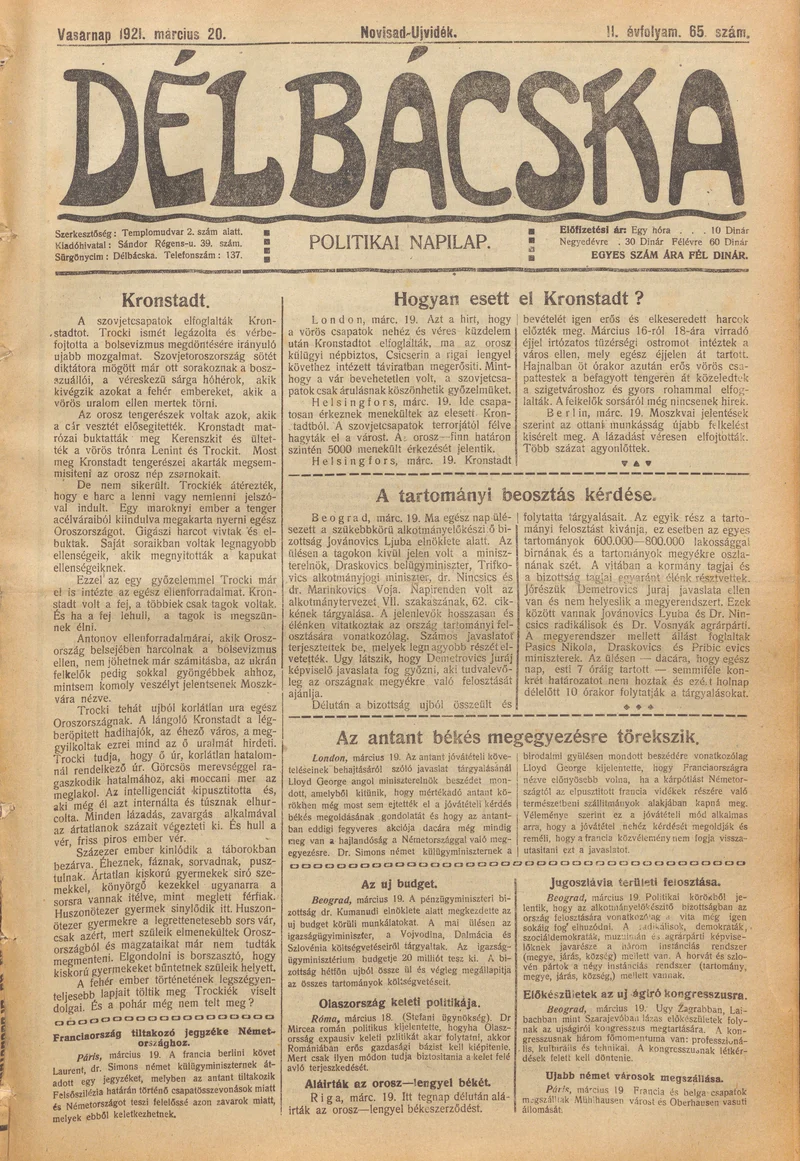 Délbácska, 2. évf. 1921. március 20. 65. sz.
