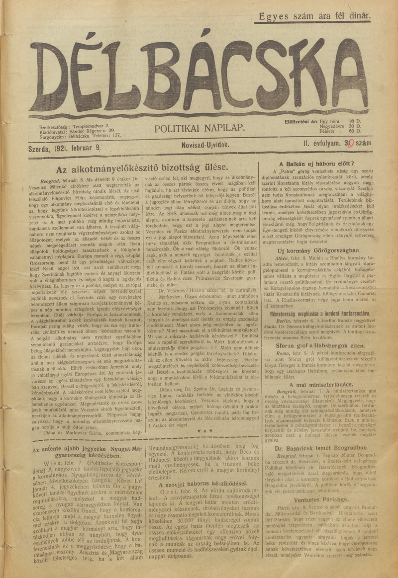 Délbácska, 2. évf. 1921. február 9. 30. sz.