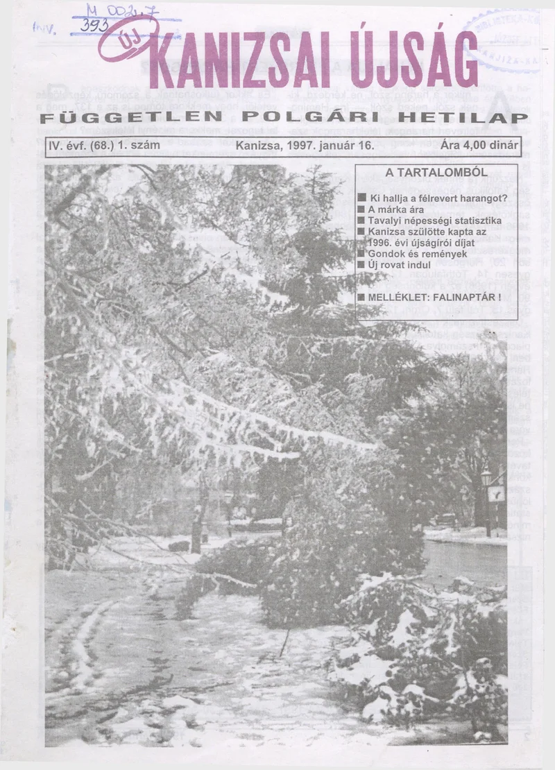 Új Kanizsai Újság, 4. évf. 1997. január 16. 1. sz.