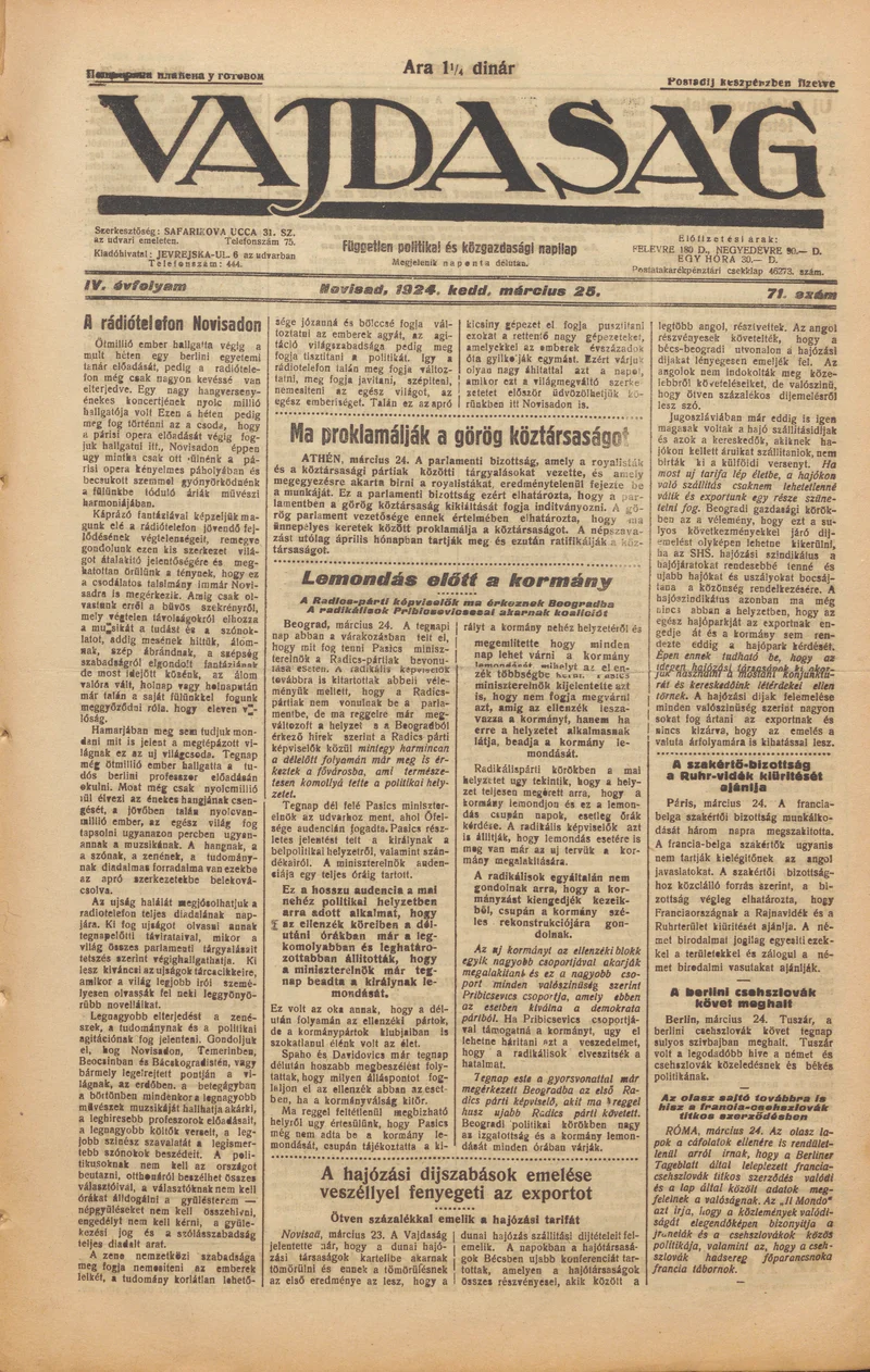 Vajdaság, 4. évf. 1924. március 25. 71. sz.