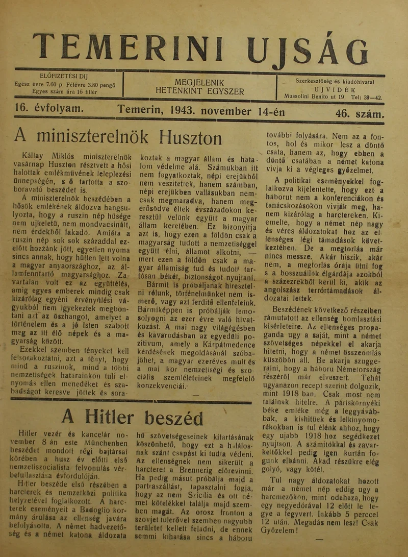 Temerini Újság 1928-1944, 16. évf. 1943. november 14. 46. sz.