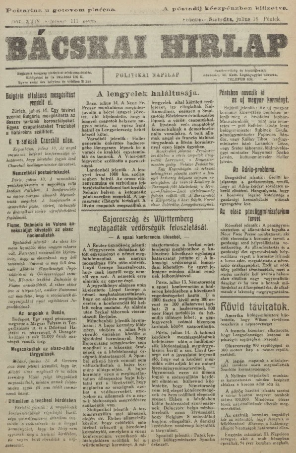 Bácskai Hirlap, 24. évf. 1920. július 16. 111. sz.