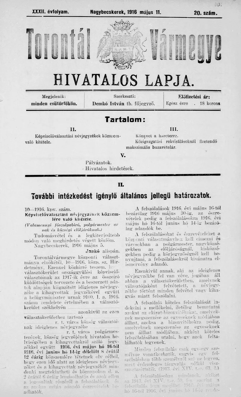 Torontál Vármegye Hivatalos Lapja, 32. évf. 1916. május 11. 20. sz.