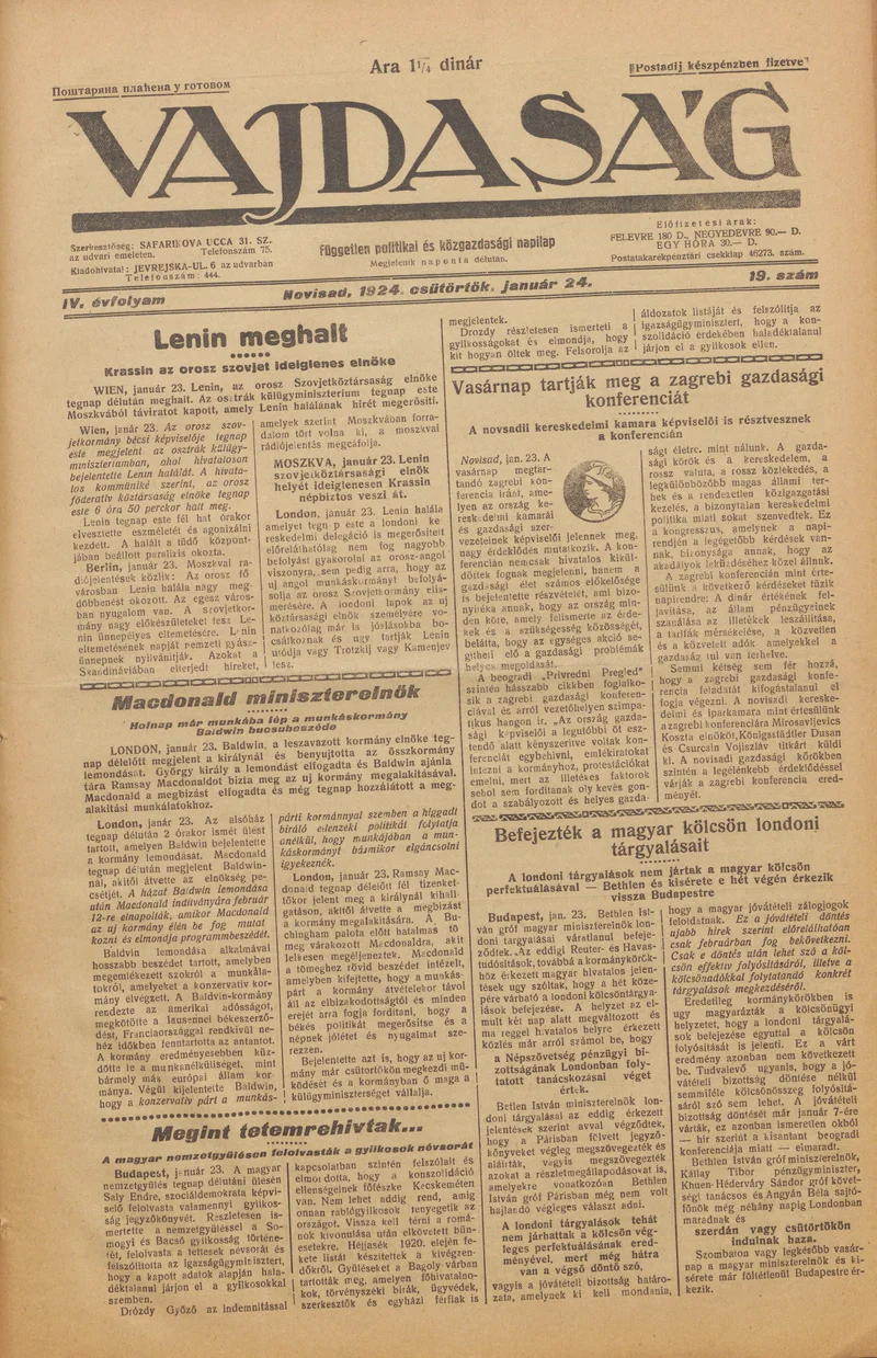 Vajdaság, 4. évf. 1924. január 24. 19. sz.