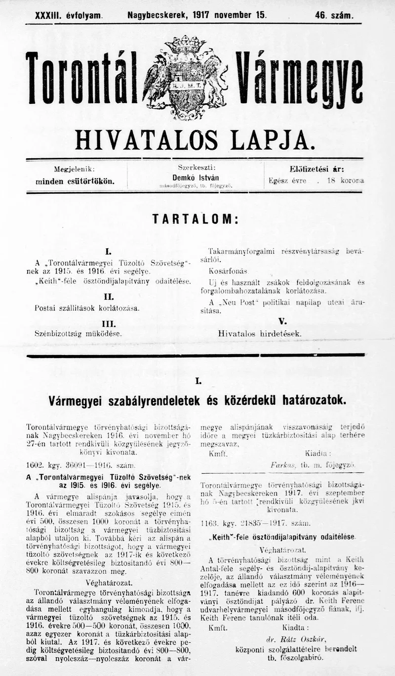 Torontál Vármegye Hivatalos Lapja, 33. évf. 1917. november 15. 46. sz.