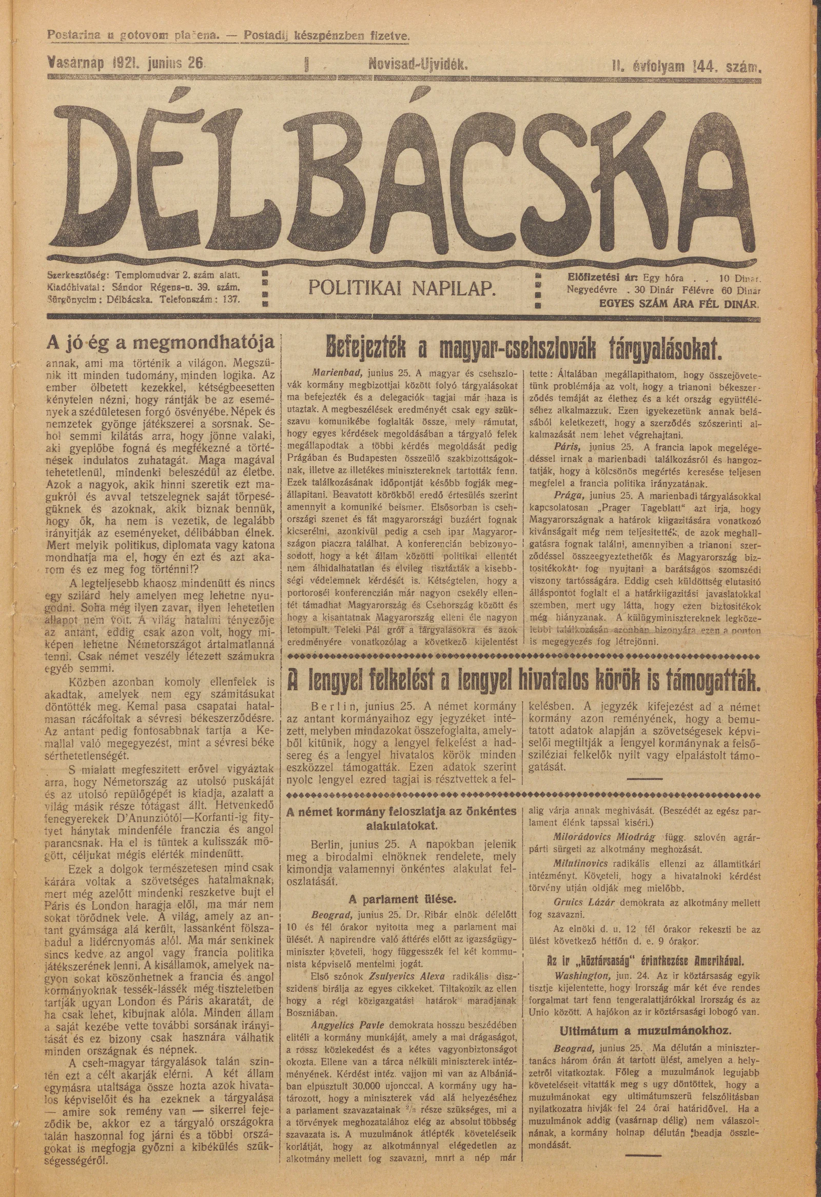 Délbácska, 2. évf. 1921. június 26. 144. sz.