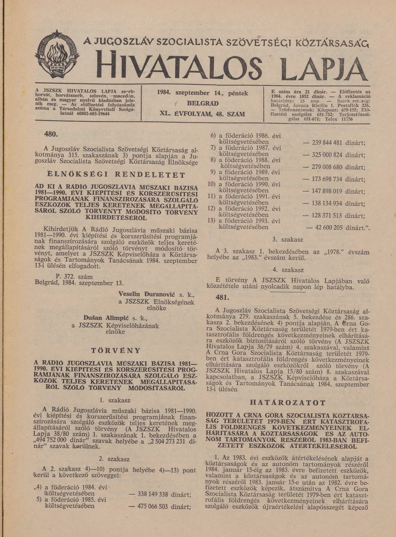 A Jugoszláv Szocialista Szövetségi Köztársaság Hivatalos Lapja, 40. évf. 1984. szeptember 14. 48. sz. 1135–1154. oldal