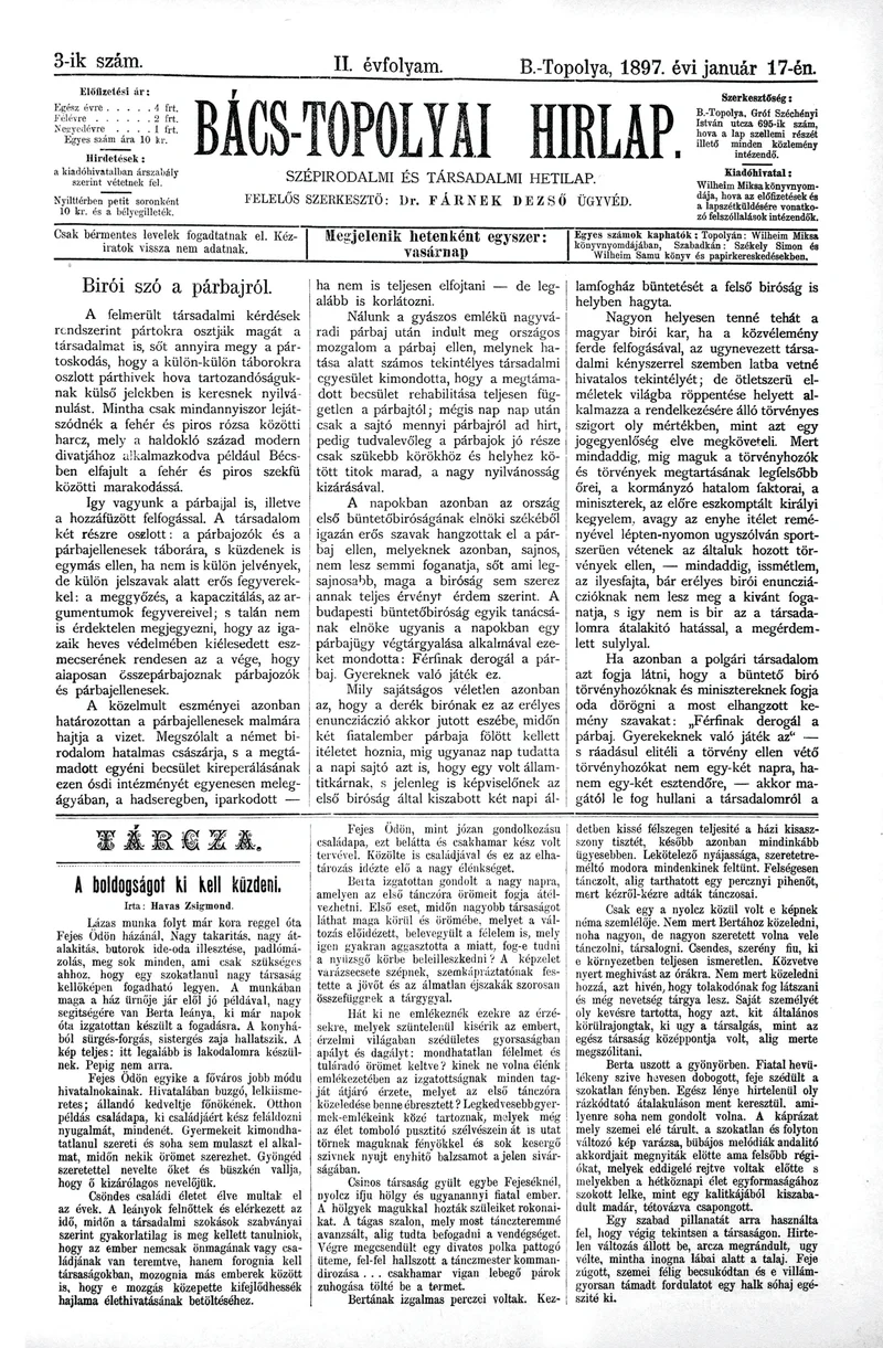 Bács-Topolyai Hirlap, 2. évf. 1897. január 17. 3. sz.