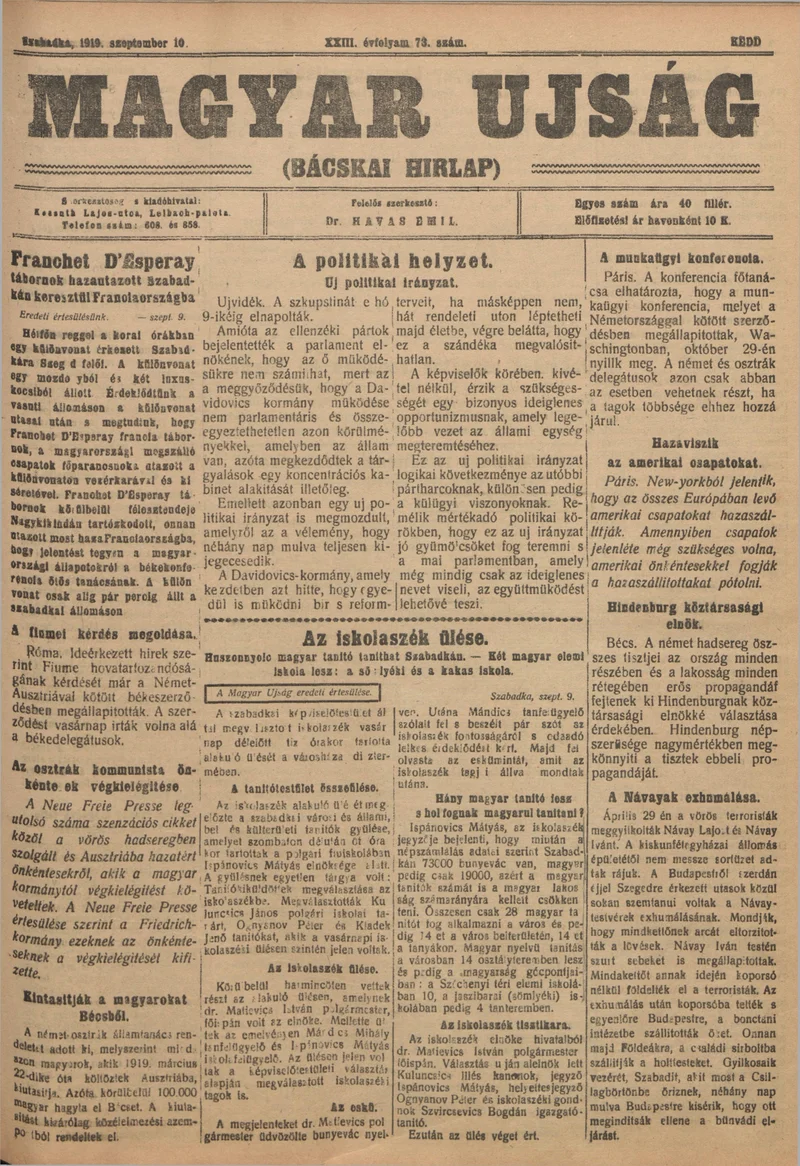 Bácskai Hirlap, 23. évf. 1919. szeptember 10. 73. sz.