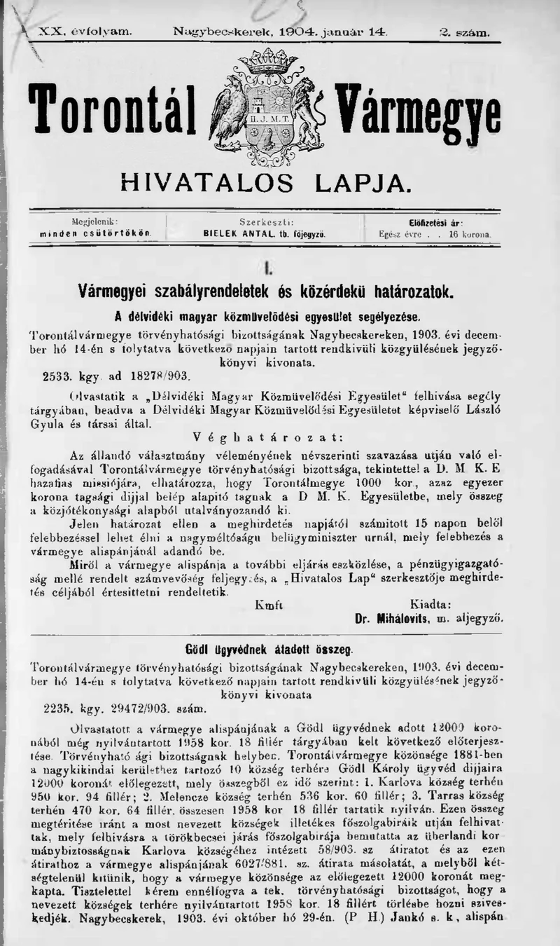 Torontál Vármegye Hivatalos Lapja, 20. évf. 1904. január 14. 2. sz.