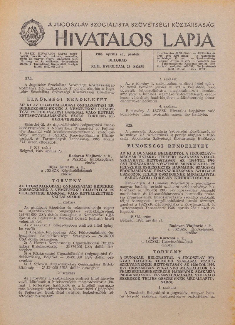 A Jugoszláv Szocialista Szövetségi Köztársaság Hivatalos Lapja, 42. évf. 1986. április 25. 23. sz. 721–748. oldal