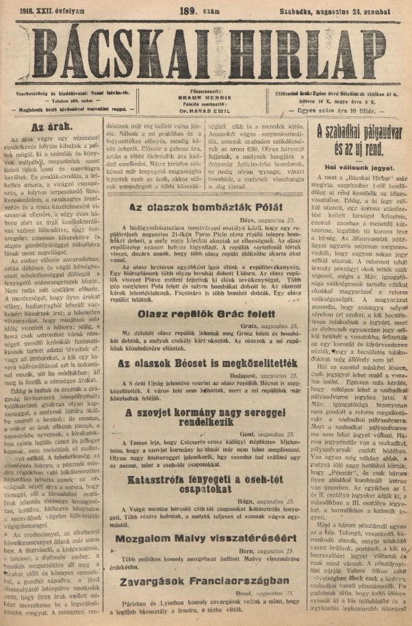Bácskai Hirlap, 22. évf. 1918. augusztus 24. 189. sz.