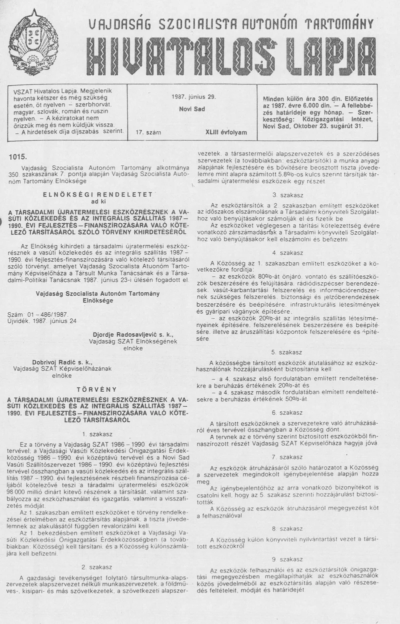 Vajdaság Szocialista Autonóm Tartomány Hivatalos Lapja, 43. évf. 1987. június 29. 17. sz.