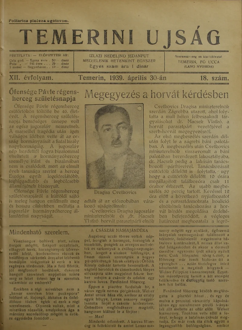 Temerini Újság 1928-1944, 12. évf. 1939. április 30. 18. sz.