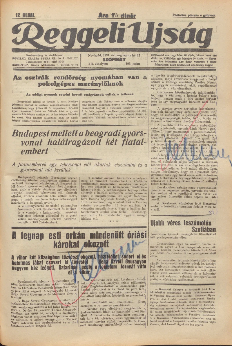 Reggeli Újság, 12. évf. 1931. augusztus 22. 195. sz.