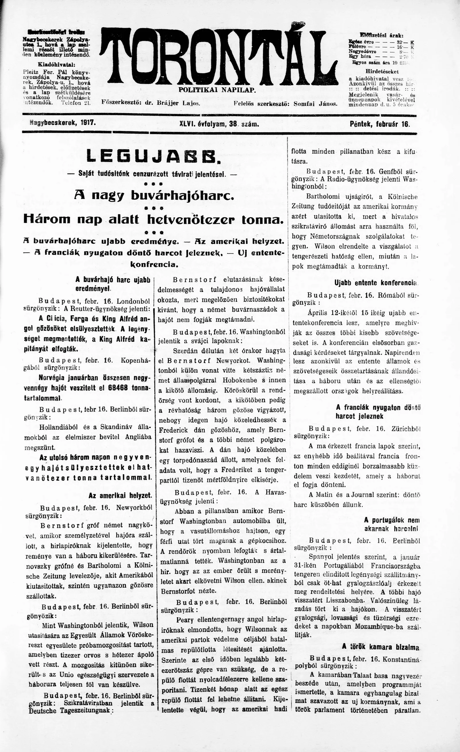 Torontál, 46. évf. 1917. február 16. 38. sz.