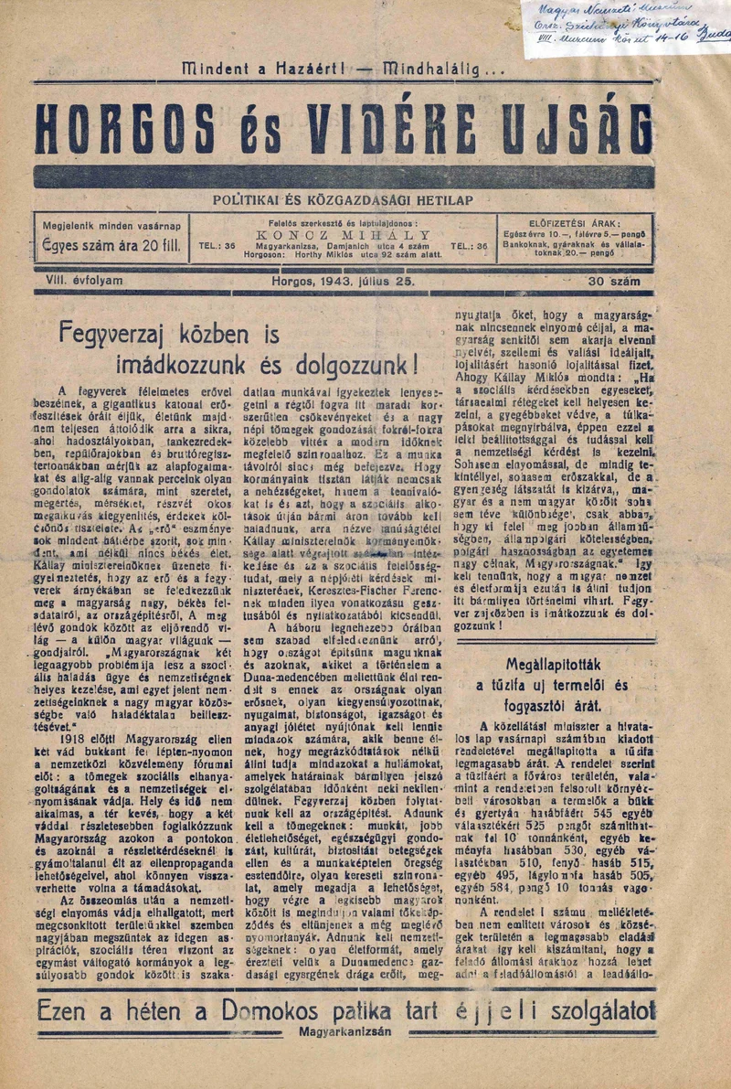 Horgos és vidéke, 8. évf. 1943. július 25. 30. sz.