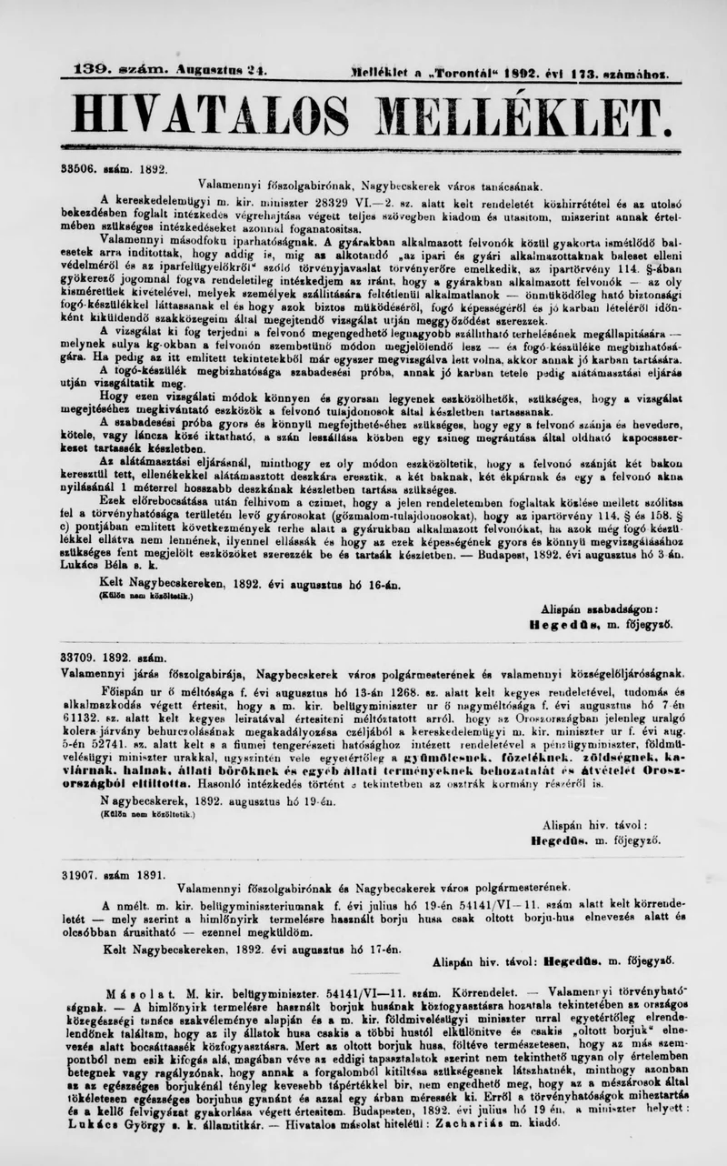 A Totontál  hivatalos melléklete, 5. évf. 1892. augusztus 24. 139. sz.