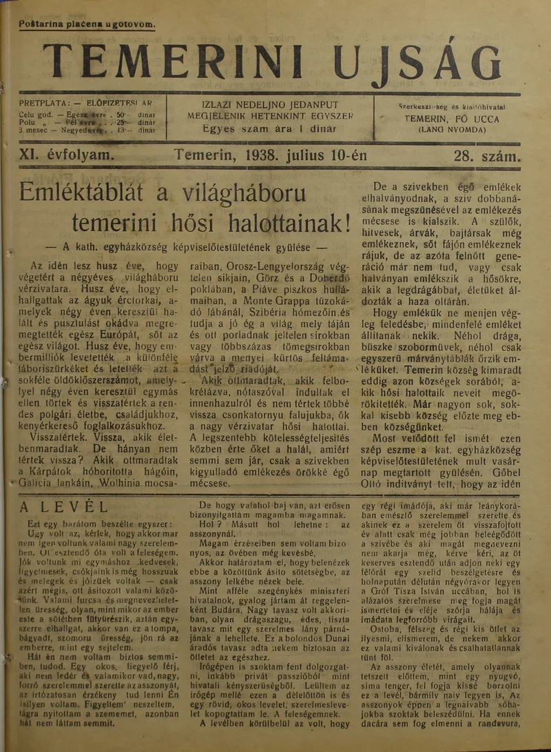 Temerini Újság 1928-1944, 11. évf. 1938. július 10. 28. sz.