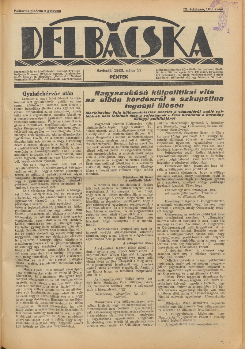 Délbácska, 9. évf. 1928. május 11. 109. sz.