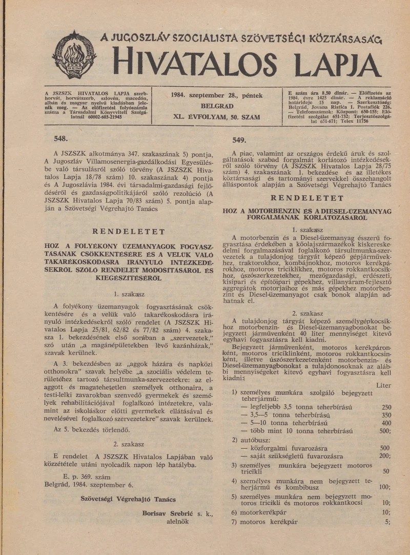 A Jugoszláv Szocialista Szövetségi Köztársaság Hivatalos Lapja, 40. évf. 1984. szeptember 28. 50. sz. 1171–1178. oldal