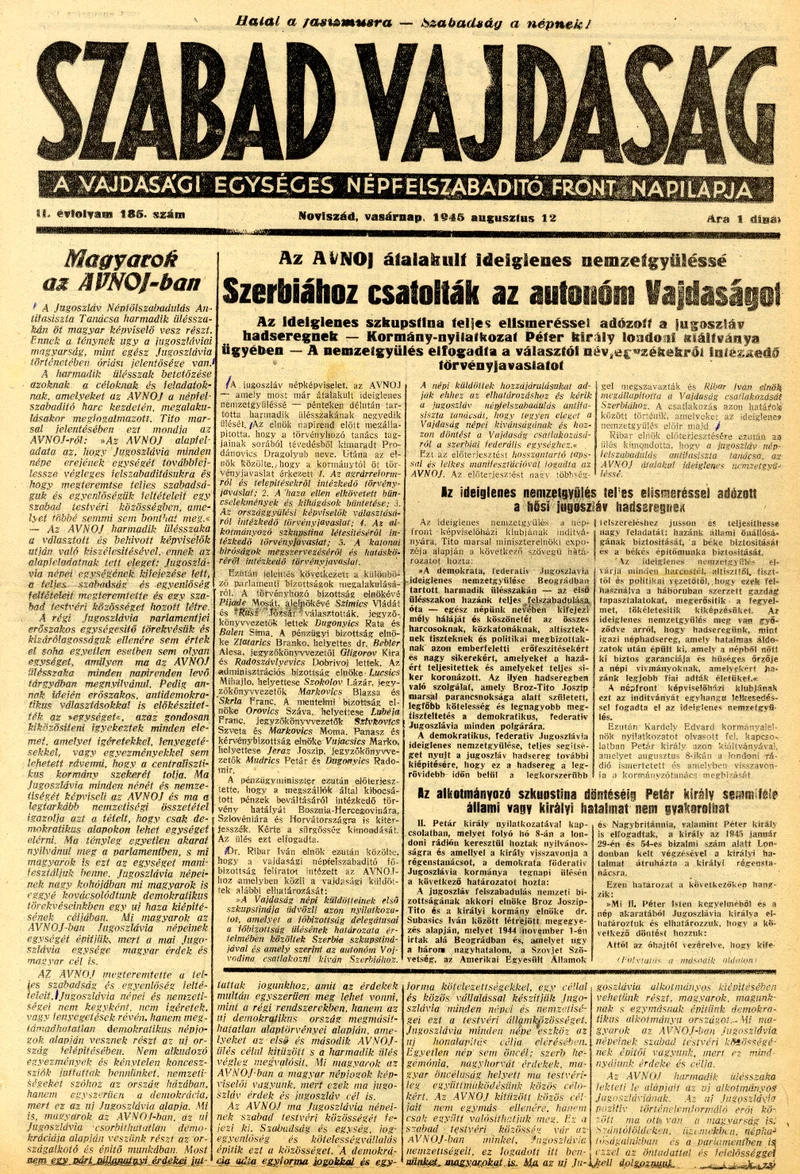 Szabad Vajdaság, 2. évf. 1945. augusztus 12. 185. sz.