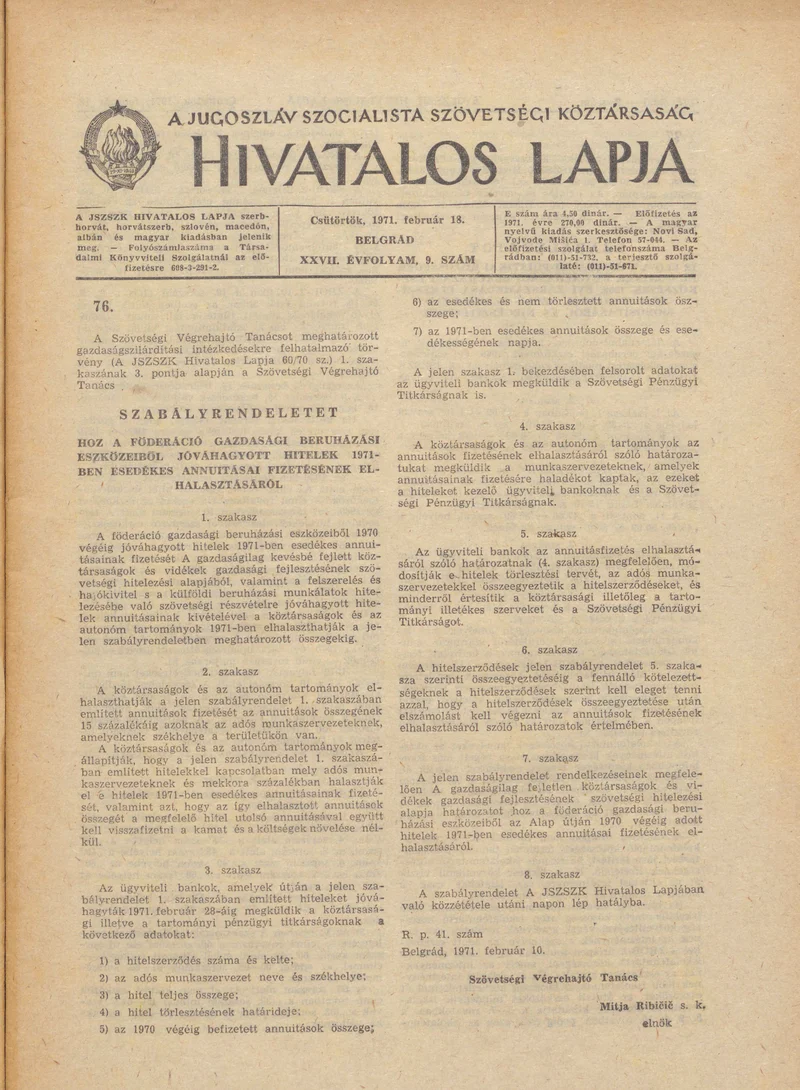 A Jugoszláv Szocialista Szövetségi Köztársaság Hivatalos Lapja, 27. évf. 1971. február 18. 9. sz. 173–184. oldal
