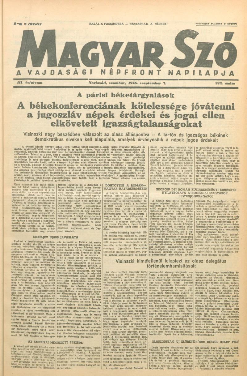 Magyar Szó, 3. évf. 1946. szeptember 7. 212. sz. 1–6. oldal