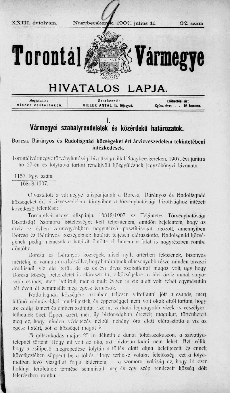 Torontál Vármegye Hivatalos Lapja, 23. évf. 1907. július 11. 32. sz.