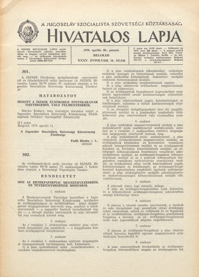 A Jugoszláv Szocialista Szövetségi Köztársaság Hivatalos Lapja, 35. évf. 1979. április 20. 16. sz. 549–576. oldal