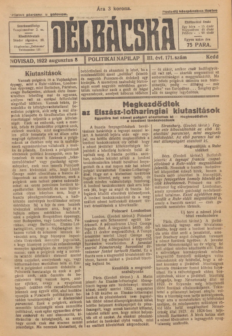 Délbácska, 3. évf. 1922. augusztus 8. 171. sz.