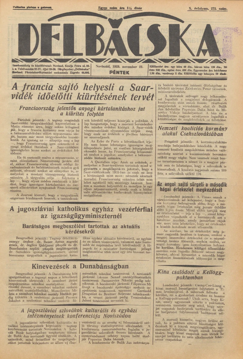 Délbácska, 10. évf. 1929. november 22. 272. sz.