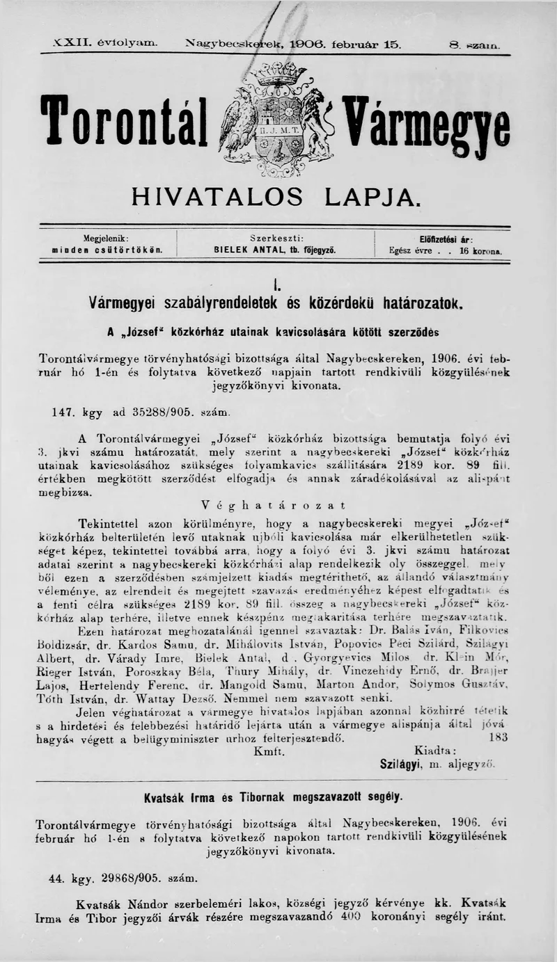 Torontál Vármegye Hivatalos Lapja, 22. évf. 1906. február 15. 8. sz.
