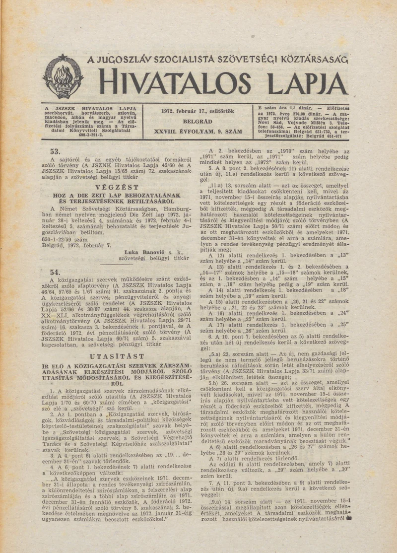 A Jugoszláv Szocialista Szövetségi Köztársaság Hivatalos Lapja, 28. évf. 1972. február 17. 9. sz. 225–240. oldal