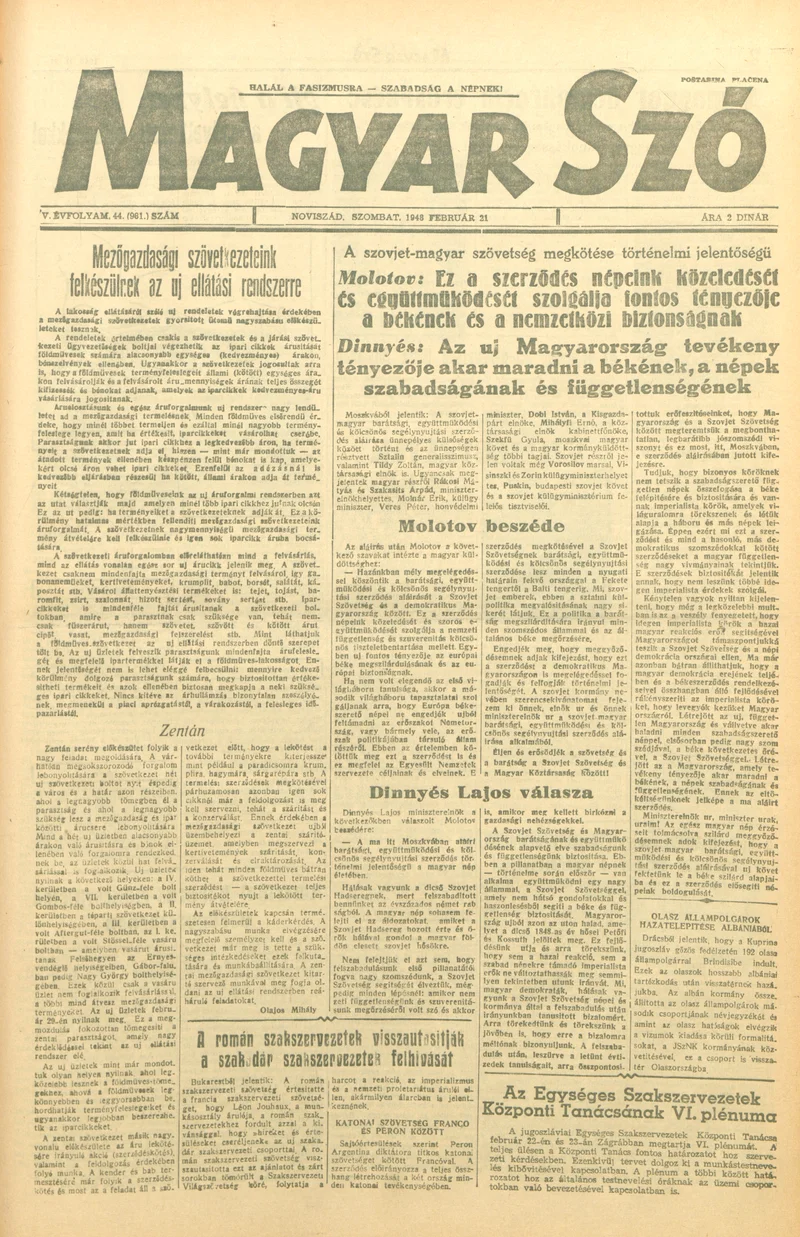 Magyar Szó, 5. évf. 1948. február 21. 44. sz. 1–6. oldal