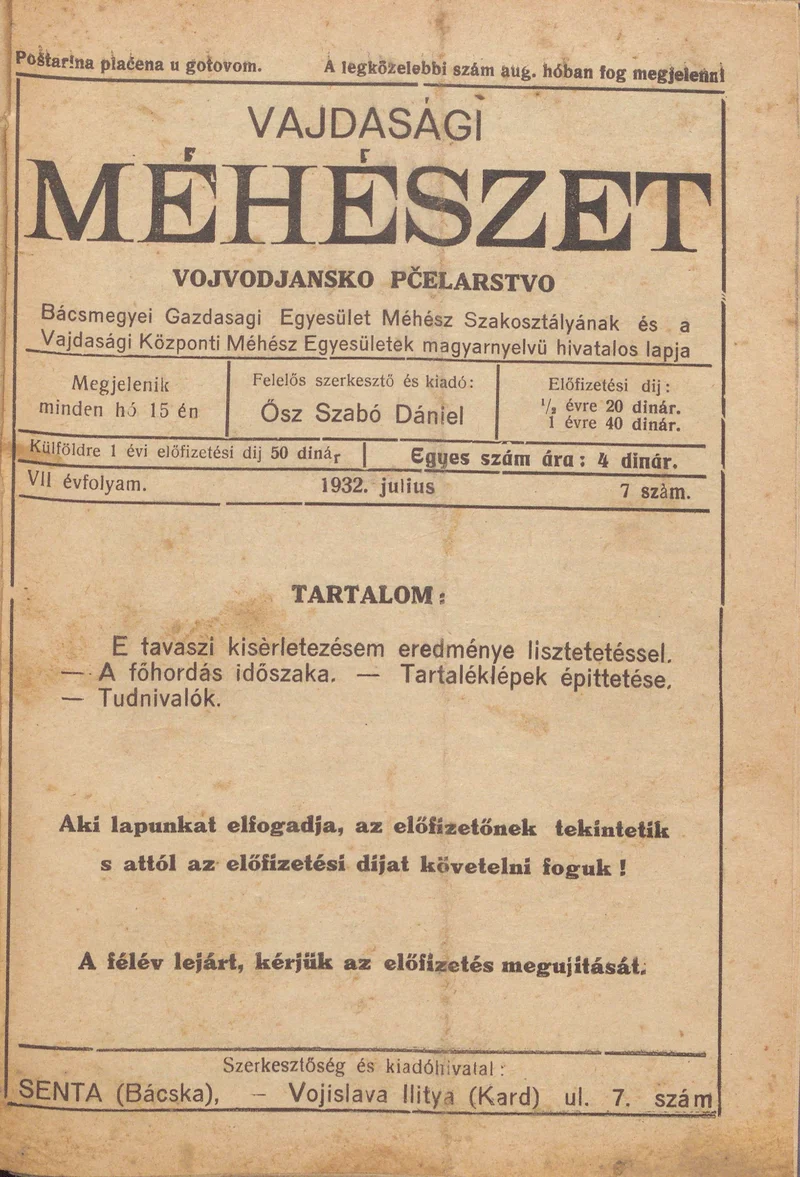 Vajdasági méhészet, 7. évf. 1932. július 1. 7. sz.
