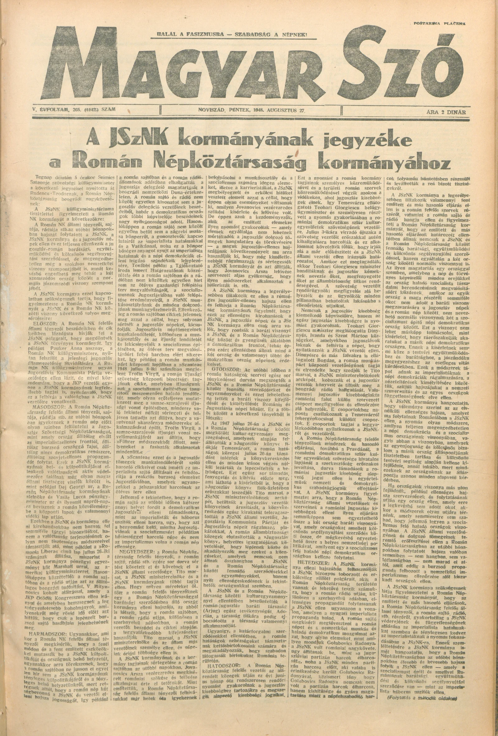 Magyar Szó, 5. évf. 1948. augusztus 27. 205. sz. 1–4. oldal