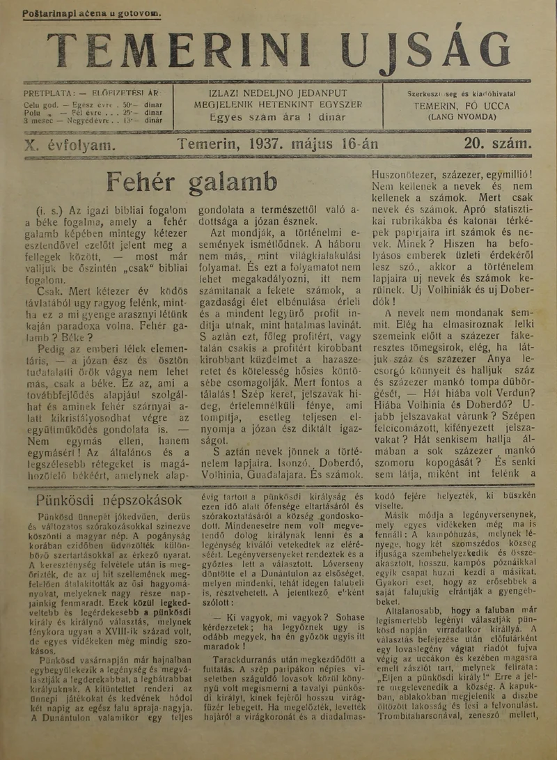 Temerini Újság 1928-1944, 10. évf. 1937. május 16. 20. sz.