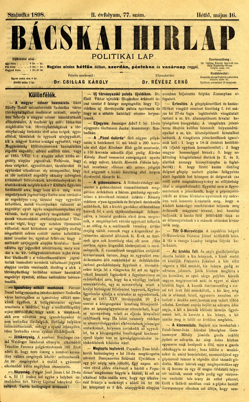 Bácskai Hirlap, 2. évf. 1898. május 16. 77. sz. 1–2. oldal