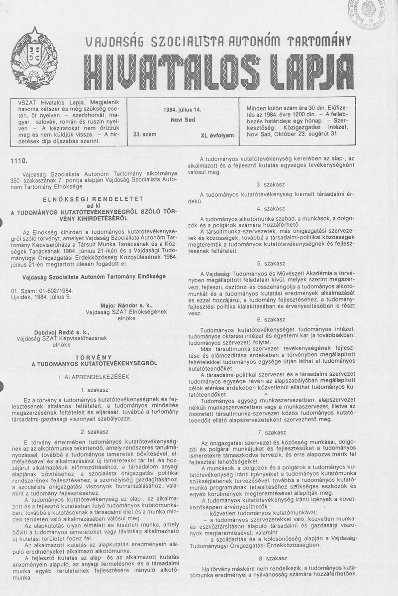 Vajdaság Szocialista Autonóm Tartomány Hivatalos Lapja, 40. évf. 1984. július 14. 23. sz.
