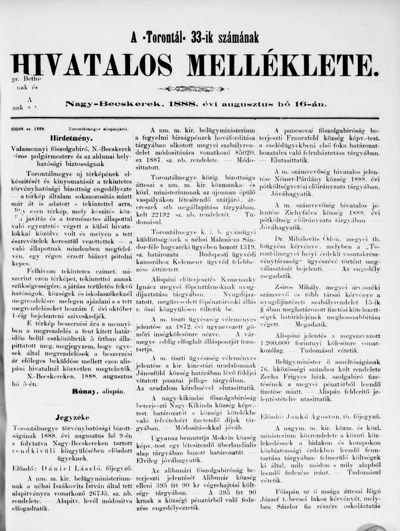 A Totontál  hivatalos melléklete, 1. évf. 1888. augusztus 16. 33. sz.