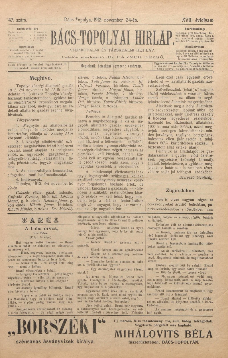 Bács-Topolyai Hirlap, 17. évf. 1912. november 24. 47. sz.