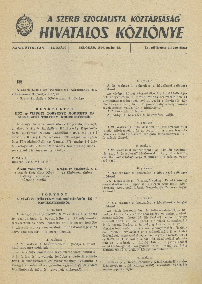 A Szerb Szocialista Köztársaság Hivatalos Közlönye, 32. évf. 1976. május 15. 18. sz. 9–10. oldal