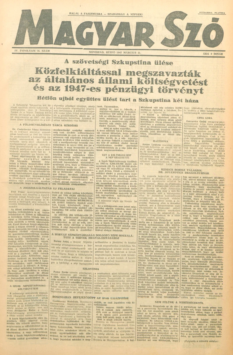 Magyar Szó, 4. évf. 1947. március 31. 76. sz. 1–4. oldal
