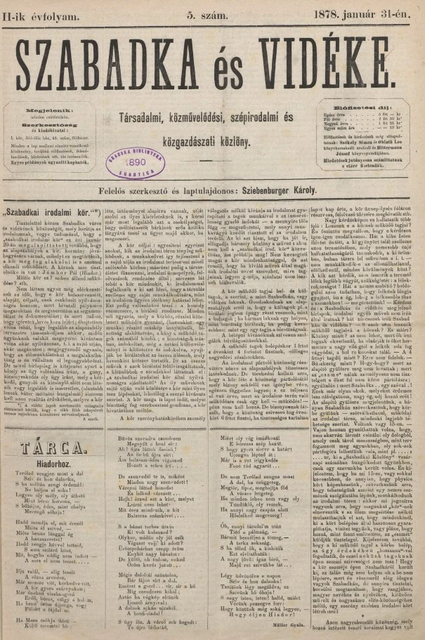 Szabadka és vidéke, 2. évf. 1878. január 31. 5. sz.
