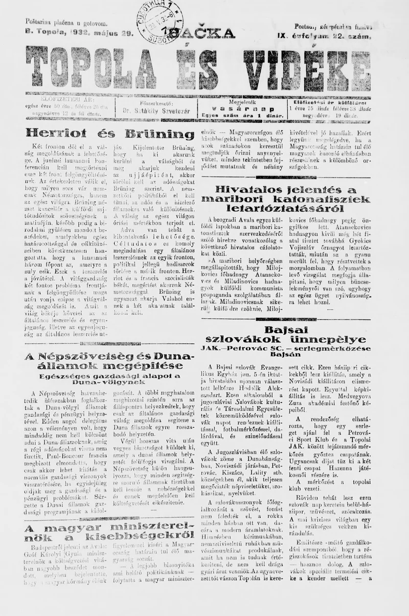 Bačka Topola és Vidéke, 9. évf. 1932. május 29. 22. sz.