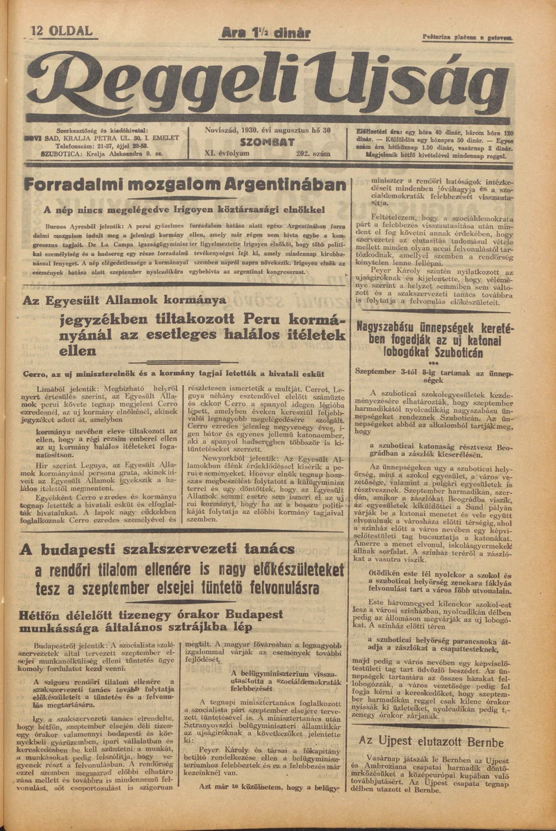 Reggeli Újság, 11. évf. 1930. augusztus 30. 202. sz.