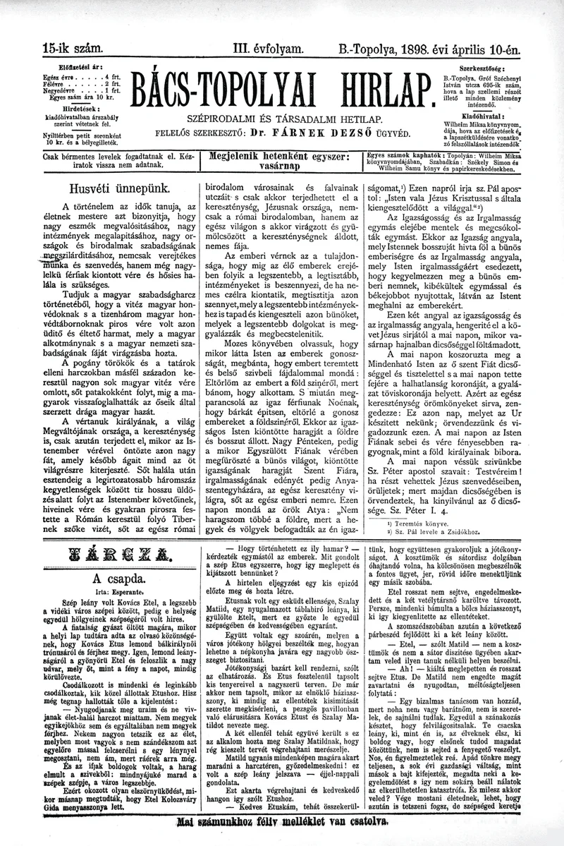 Bács-Topolyai Hirlap, 3. évf. 1898. április 10. 15. sz.